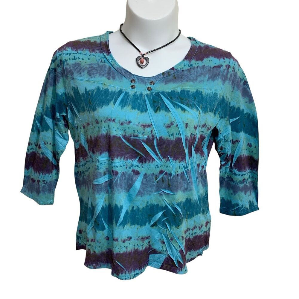 Jane Ashley Top Women's Size XL Green Blue Tie Dye 3/4 Sleeves Casual